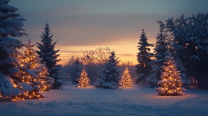 Snow-covered pine trees with glowing gifts at sunset