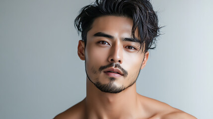 Obraz premium Handsome Asian Man Portrait with Stylish Hairstyle and Beard