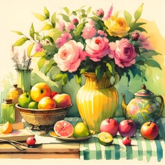 still life with flowers and fruits