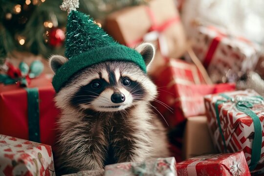 Festive raccoon in green hat among christmas gifts and decorations