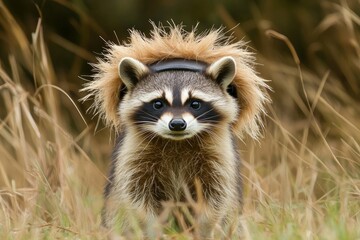 Fototapeta premium Raccoon wearing a lion mane in a field: adorable wildlife encounter