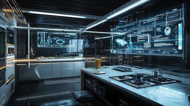 A futuristic kitchen featuring sleek surfaces, advanced technology interfaces, and illuminated displays for an innovative cooking experience.