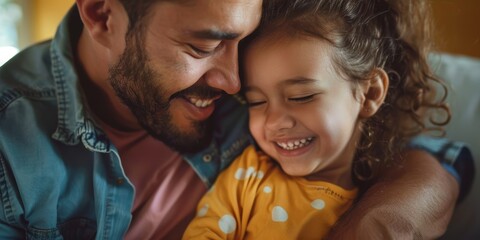 Joyful father playfully tickling his daughter at home, enjoying quality time together. Young girl having a great time with her dad in the living room