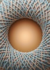 Intricate woven basket showcasing pastel-toned fibers against a warm golden backdrop, capturing a moment of handcrafted artistry. Illustration.