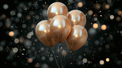 Golden glitter balloons sparkling against a dark background with confetti floating in a festive celebration atmosphere