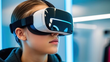 Naklejka premium A teenager explores fashion in a virtual fitting room using VR technology to try on clothes effortlessly.