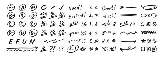 English test exam pen mark. School teacher test. A B C D Doodle outline hand drawn style