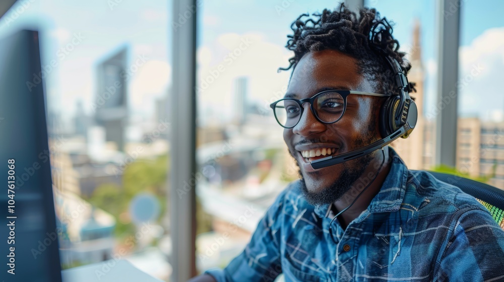 Poster customer support and a man using a laptop for consulting and online assistance in an office setting.