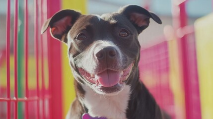 Gentle rescue dogs waiting by colorful kennels with volunteers offering love and care fostering happiness and companionship