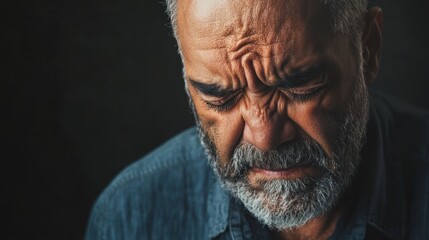 Obraz premium Close up portrait of senior latinx man feeling sorrow, sadness and grief, banner with copy space. emotions and intensity of personal struggle, vulnerability and emotional intensity.