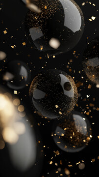 Eleganter schwarzer Hintergrund mit schwebenden, gl&auml;nzenden schwarzen Ballons. Verstreuter goldener Glitzerstaub sorgt f&uuml;r festliche Akzente. Luxuri&ouml;se Atmosph&auml;re f&uuml;r Black Friday & Silvester Events