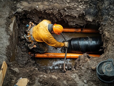 Construction worker in a trench