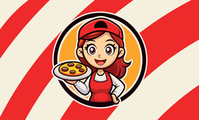 Cute girl with pizza vector illustration on tray in cartoon logo style