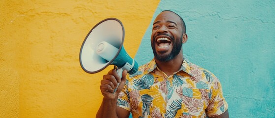 American male in everyday attire enthusiastically using megaphone against minimal pastel background creating bold impactful imagery with strong leadership vibes dynamic communication scene