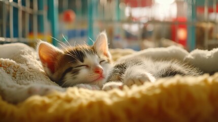 Adorable kittens napping in a sunlit adoption center surrounded by soft blankets and toys playful environment promoting hope and warmth