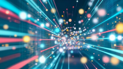 A vibrant digital abstract with colorful lights and streaks creating depth and movement.