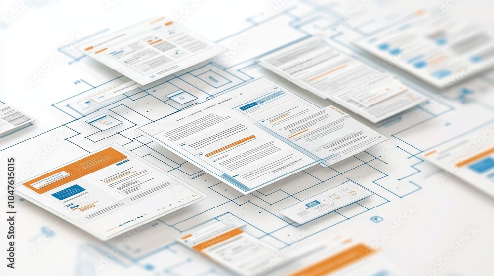 Poster creative workspace featuring project documentation and flowcharts in soft lighting.