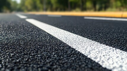 A close-up image of a smooth asphalt road, featuring white lane markings and bordered by greenery, conveying a sense of open travel and exploration.