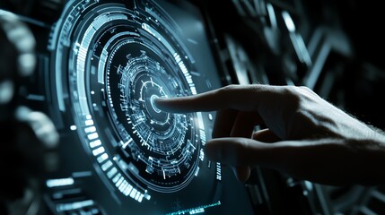 Fototapeta premium Futuristic digital interface with hand interacting, blurred background.