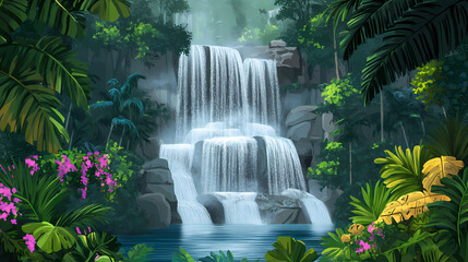 Lush jungle with cascading waterfall and pool. Misty Waterfall Basin. Illustration