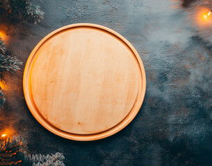Fototapeta premium Wooden round board mockup holiday theme