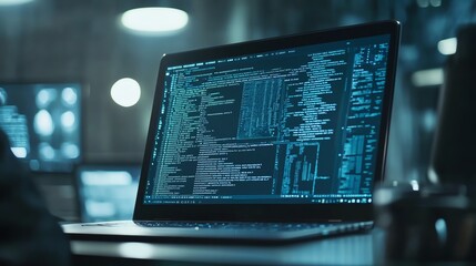 Laptop displaying complex programming code in a dimly lit room, emphasizing coding and software development.