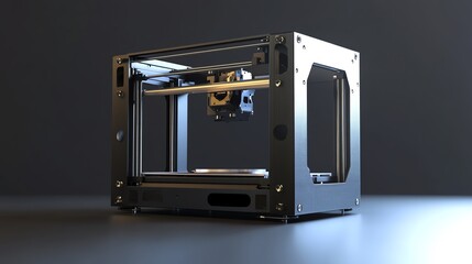 Obraz premium Modern 3D printer in black metal casing on a sleek surface, showcasing cutting-edge design in technology.