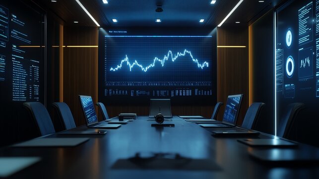 Modern conference room with large digital screens displaying financial data and charts.