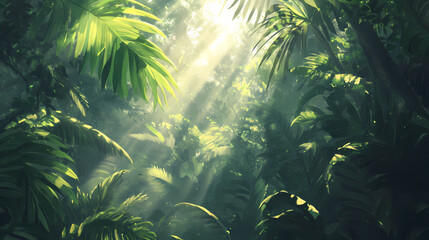 Lush rainforest canopy, sunlight filtering through leaves,. Rainforest Canopy. Illustration