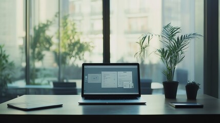 Fototapeta premium Modern workspace with laptop and plants on desk, large window view.