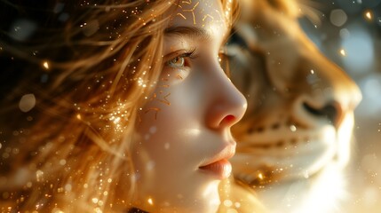 Creative image of the astrological zodiac sign of Leo. Beautiful magic young woman glowing lion on background. 
