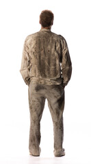 Male businessman in dirty white shirt on white background