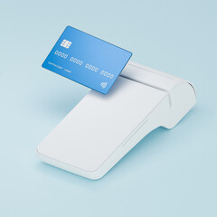 Contactless payment by credit card and mobile phone banking empty screen through the terminal 3d...