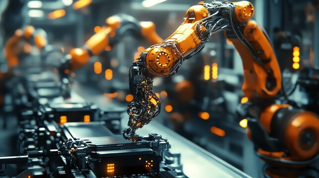 Robotic arms working on a production line in a modern factory setting.