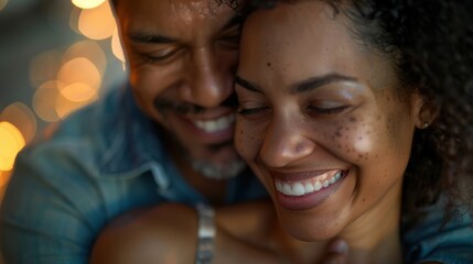 Portrait of a loving couple sharing a joyful embrace, celebrating their relationship with smiles and romance