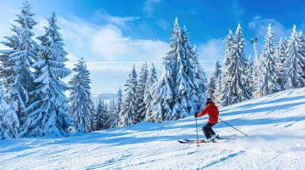 Person skiing down a snowy mountain slope, with tall evergreen trees in the background and a clear blue winter sky overhead 