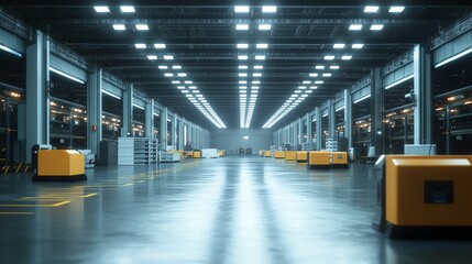 Fototapeta premium Spacious modern warehouse interior with high ceilings and storage units, illuminated with bright lights.
