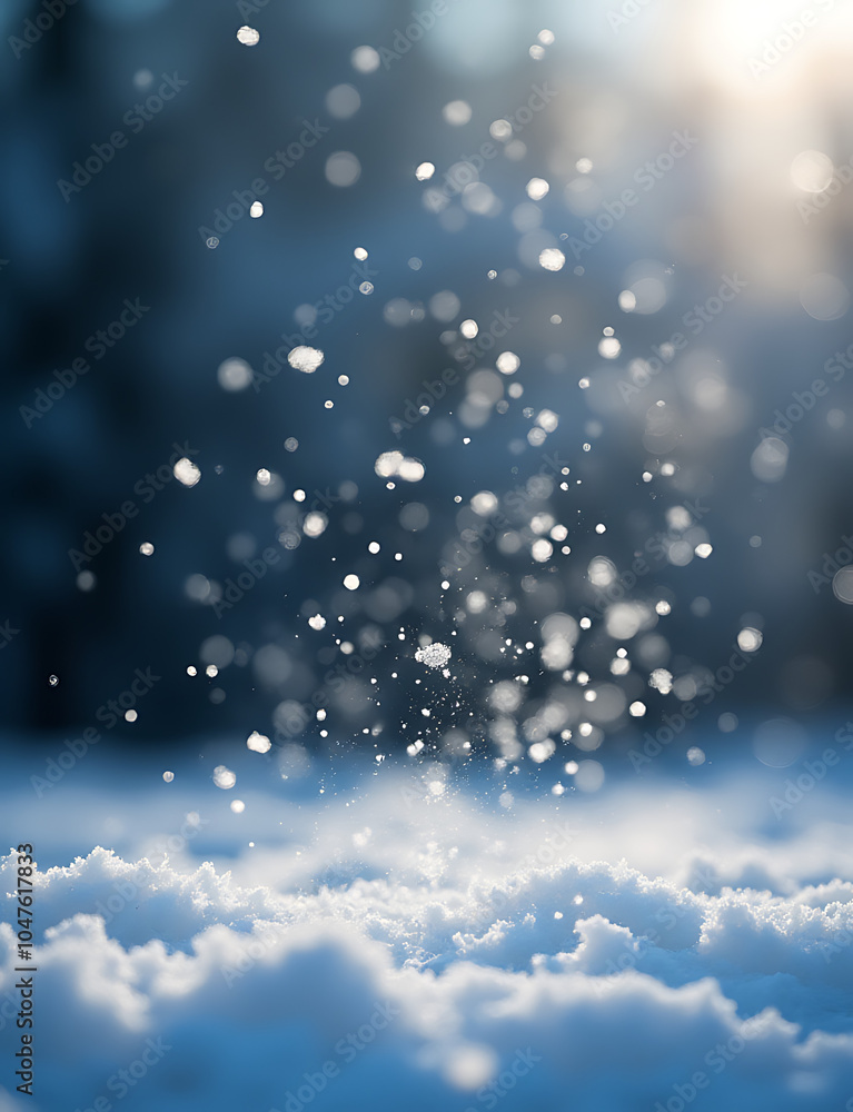 Poster Falling snowflakes create a serene winter scene with delicate white flakes gently settling on the ground.