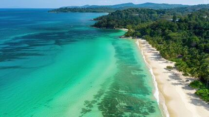 Aerial view of a tropical beach with crystal-clear turquoise waters, white sandy shores, and lush...