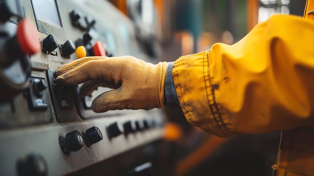 Worker's hand operating machinery control panel in factory setting.