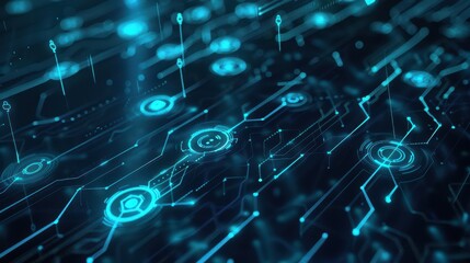 Abstract tech interface with neon blue lines and circular icons representing connectivity, floating against a dark digital background 