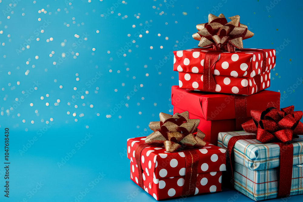 Aufkleber stack of red and white boxes with gold bows on top. the boxes are piled on top of each other, creati