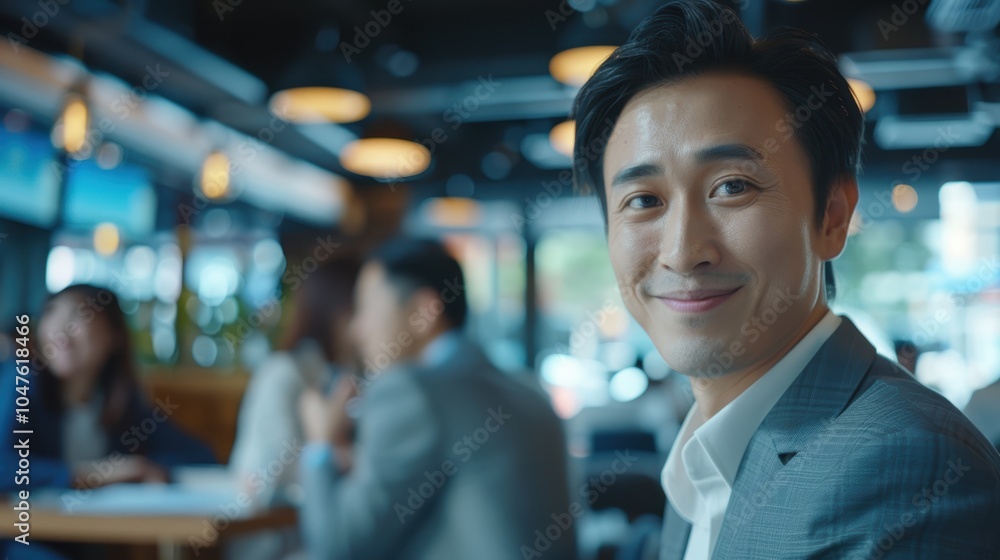 Poster digital portrait of a cheerful businessman collaborating with his team in an office setting for plan