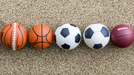 Close-up of sports balls like football, basketball, baseball, soccer, and rugby, laid out in a row, symbolizing a diverse collection of athletic gear.