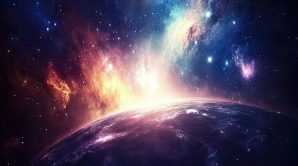 Obraz premium Cosmic light and swirling colors create a celestial ballet in space, with stars and nebulae moving in harmony across the dark sky.