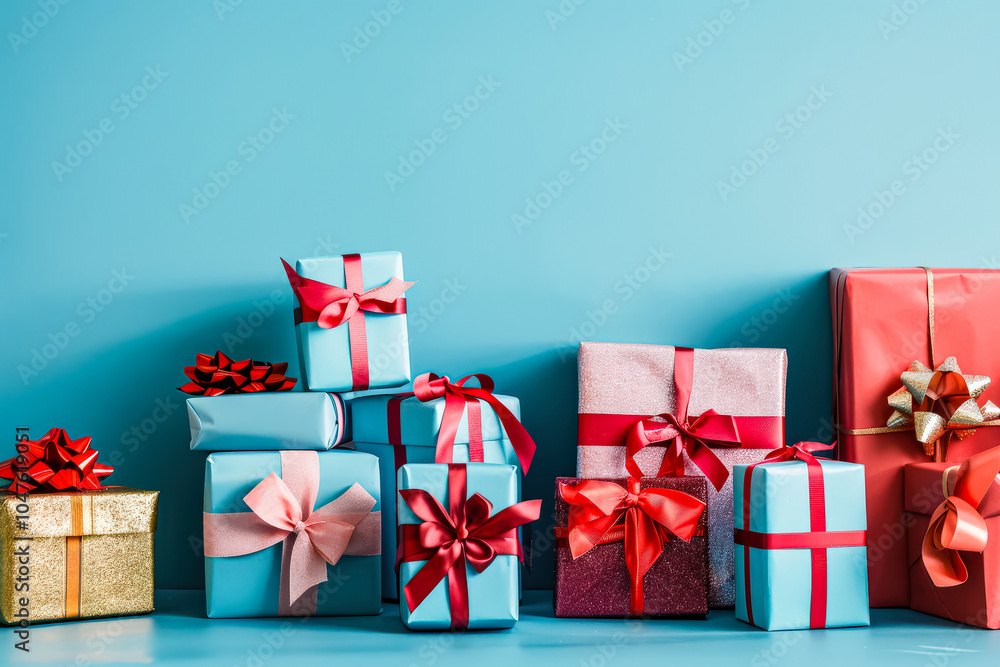 Poster blue background with a bunch of presents and a bunch of pine cones. the pine cones are on the right 
