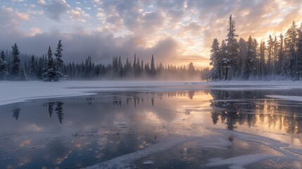 Winter sunrise over a frozen lake, with mist rising from the water and snow-covered trees reflecting in the ice 