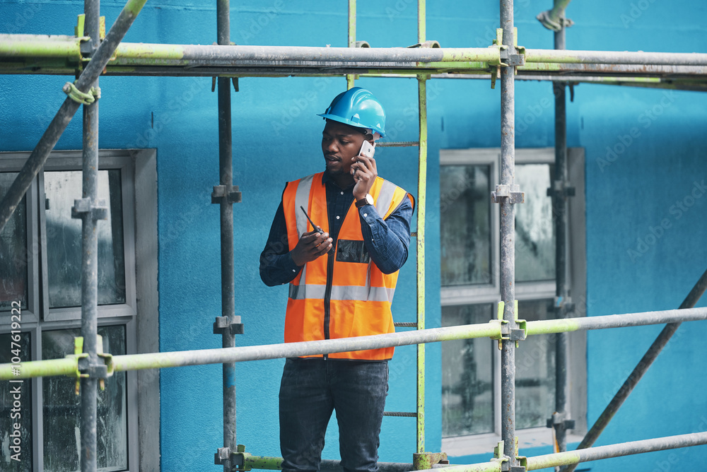 Poster planning, construction and man on site with phone call, communication and architecture. property dev