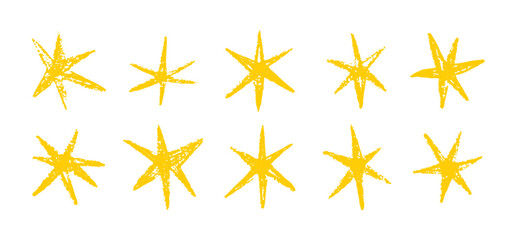 Grunge hand drawn yellow stars brush strokes and spray paint. Doodle star texture graffiti elements. Vintage ink stars