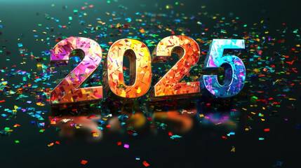 Celebrate arrival of new year with vibrant numbers 2025 surrounded by colorful confetti, creating festive and joyful atmosphere